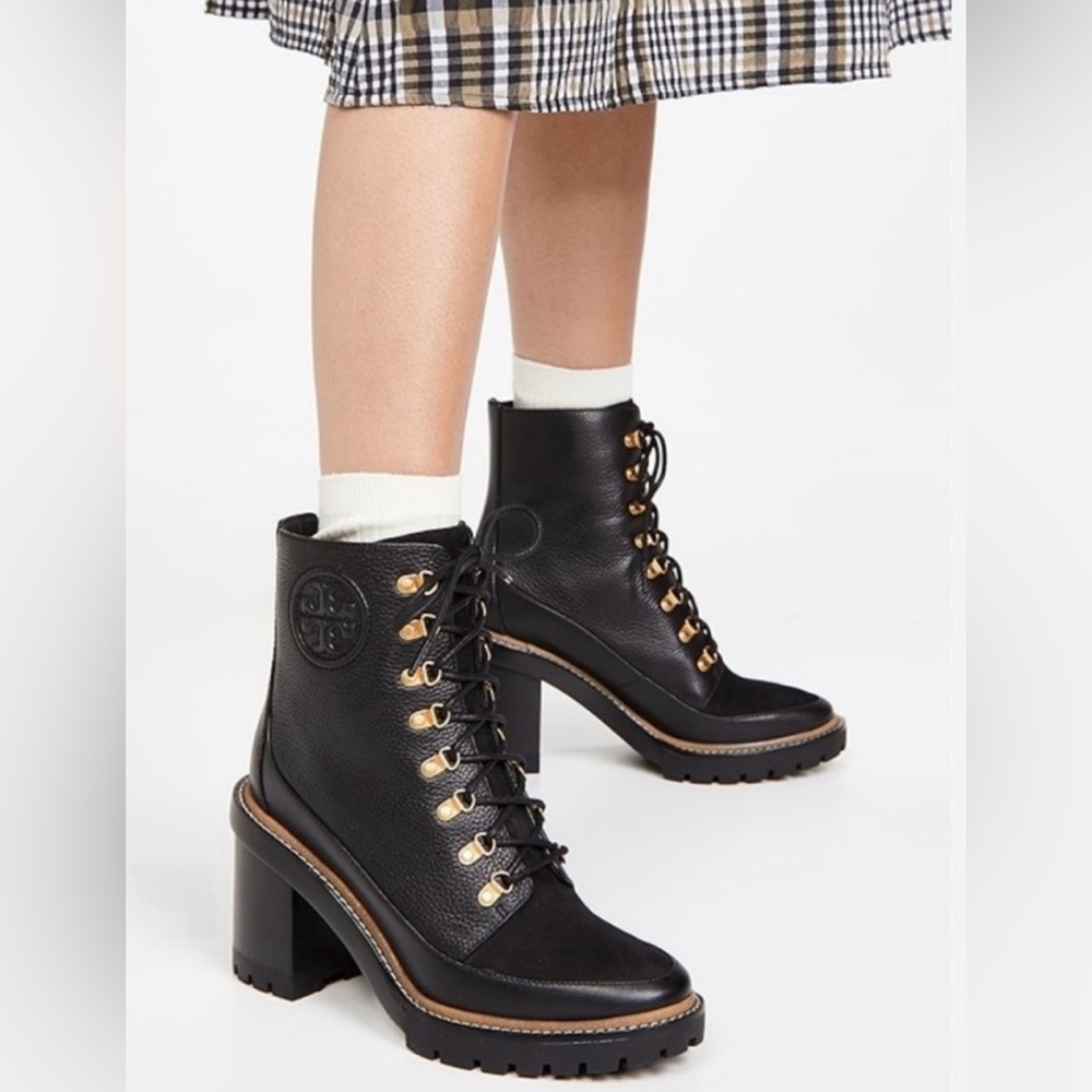 Tory Burch Black Leather Lace-Up Combat Boots with Gold Hardware